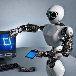 A robot is standing next to a computer.