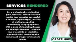 A woman in a business suit with the words services rendered.