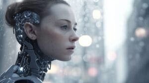 A woman in a robotic suit is standing in a rainy city.