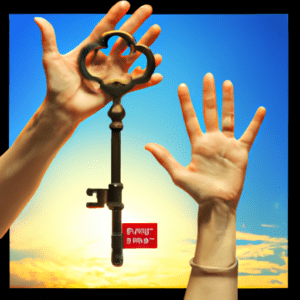 Two hands reaching for a key.