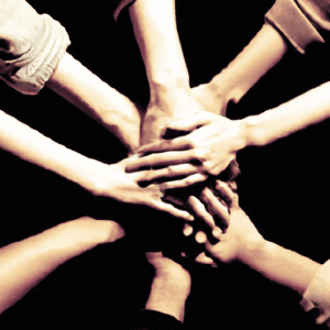 A group of people holding hands in a circle.