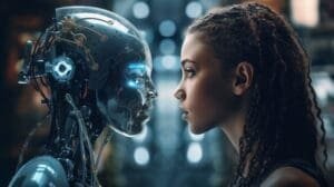 A woman and a robot looking at each other.