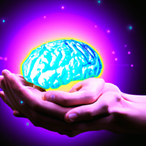 A hand holding a brain in front of a purple background.