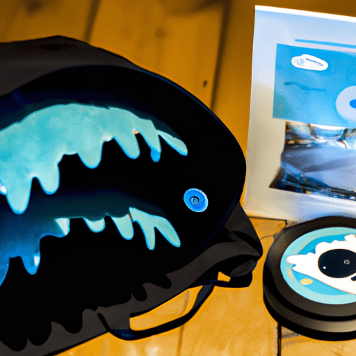 A black bag with a shark's mouth on it.