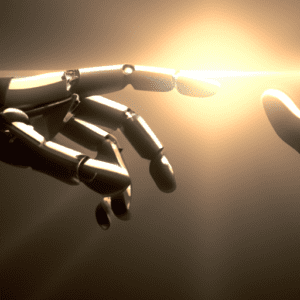 A robot reaching out to a human hand.