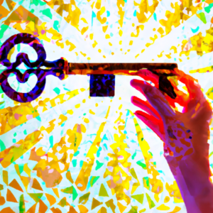 A person holding a key in front of a colorful background.