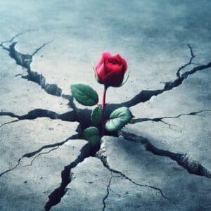 A red rose is growing out of a crack in the ground.