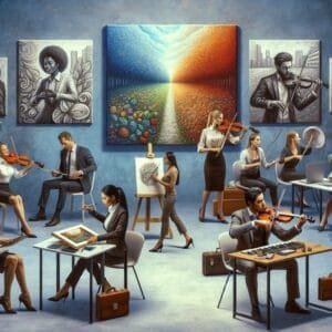 A group of people playing music in a room.