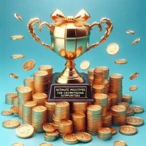 A golden trophy on top of a pile of coins.