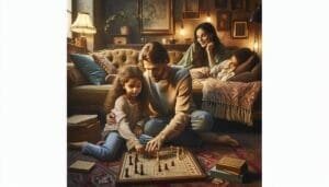 A family playing chess in a living room.