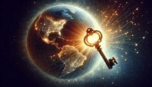 An image of a key with a globe in the background.