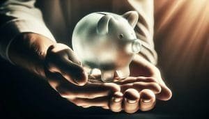 Hands cradling a translucent piggy bank, symbolizing financial care and savings.