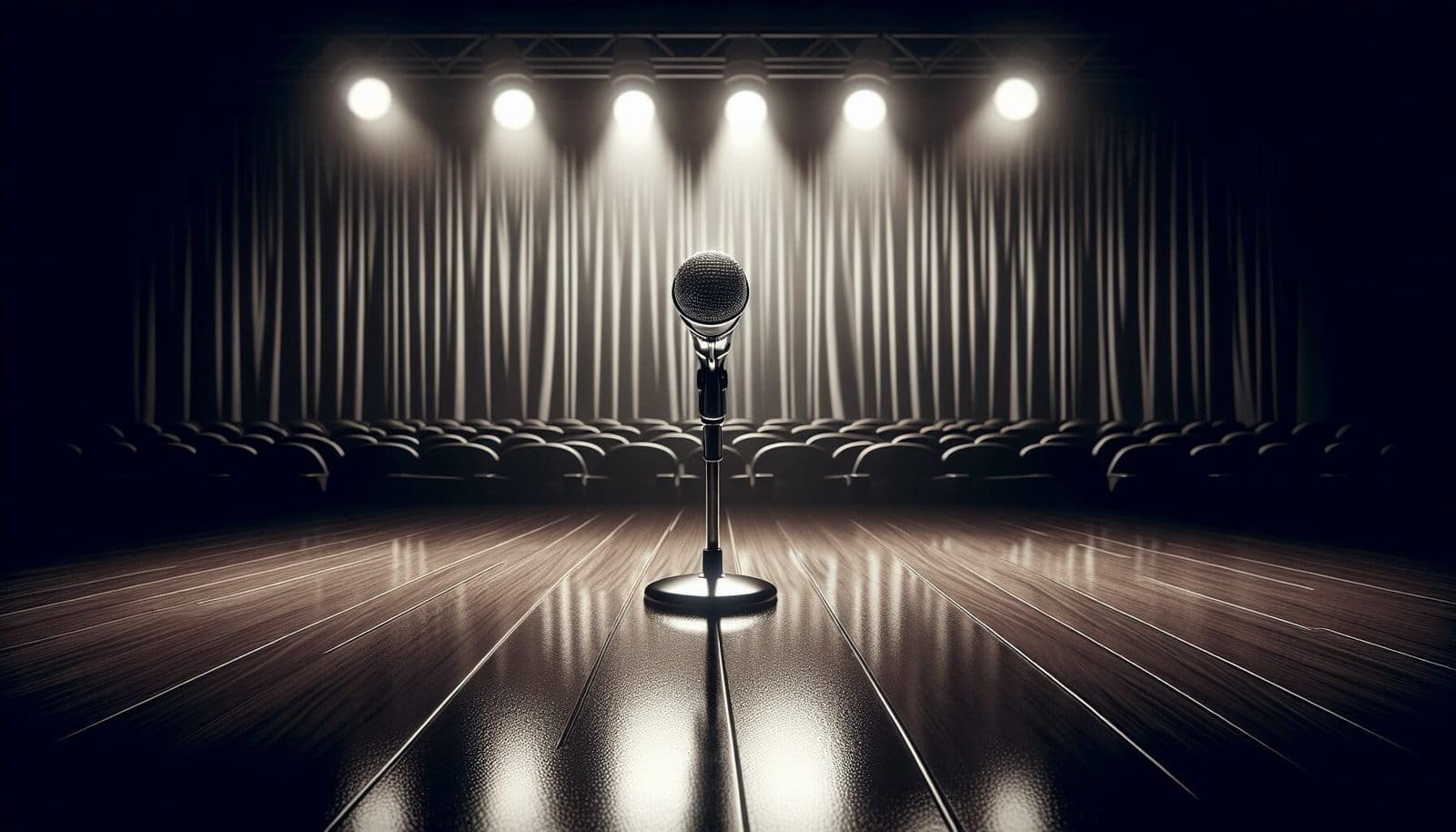 An empty theater with a single microphone on stage under the spotlight.