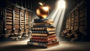 A golden apple on top of a stack of classic books in a grand library with sunlight streaming through windows.