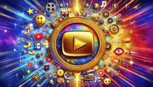 A vibrant and colorful montage of multimedia icons and symbols surrounding a large central play button set within a golden frame.