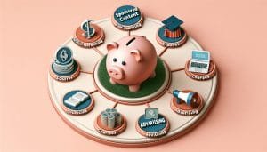 3d illustration of a piggy bank on a circular board surrounded by various revenue-themed icons like advertising, sponsored content, and e-books.