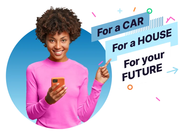 A person in a pink sweater holds a phone and points to texts saying, "For a CAR, For a HOUSE, For your FUTURE," with a blue gradient background and colorful design elements, perfectly capturing the essence of Kovo Credit in action.