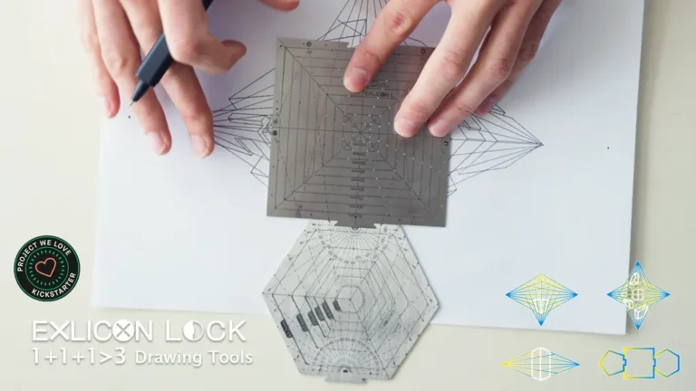 Hands expertly maneuver a metal geometric drawing tool on paper filled with intricate patterns. The Kickstarter logo beside the product name, "EXLICON LOCK," highlights its innovative design, perfect for those passionate about drafting tools and the unique lock-perspective they offer.