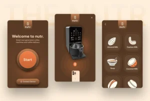 App interface showing a coffee machine, a start button, and options for almond, cashew, and coconut milk along with soup.