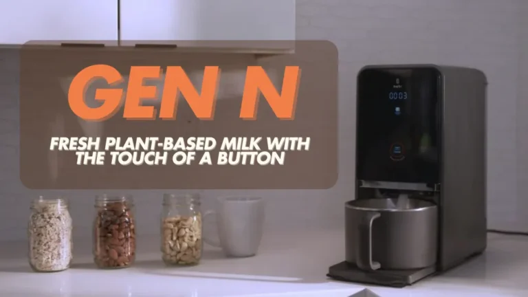 Gen N plant-based milk machine on a kitchen counter with jars of ingredients.