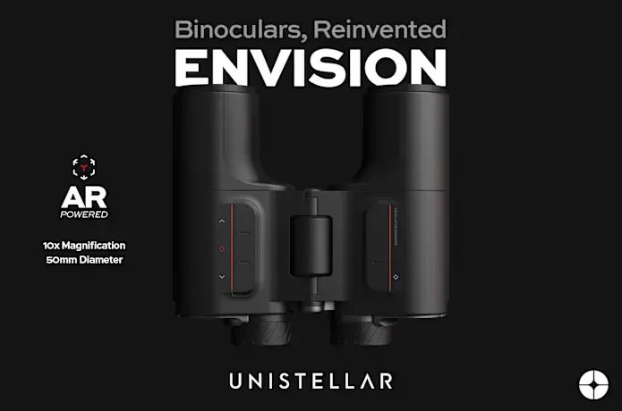 Image of Unistellar's ENVISION binoculars with AR technology, showcasing 10x magnification and 50mm diameter, set against a black background.