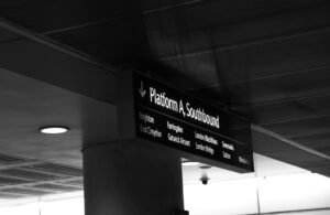 Platform A Southbound sign showing destinations: Brighton, East Croydon, Farringdon, Gatwick Airport, London Blackfriars, London Bridge, St Pancras, and Sutton.