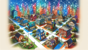 Illustration of a suburban neighborhood with houses connected by a digital network, represented by lines and nodes in the sky.