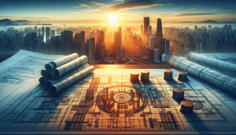 Blueprints and stacks of coins on a table in front of a cityscape at sunset, symbolizing urban development and investment.