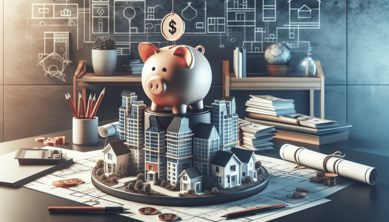 A piggy bank with a coin on top of miniature buildings and blueprints, surrounded by architectural tools and papers on a desk.