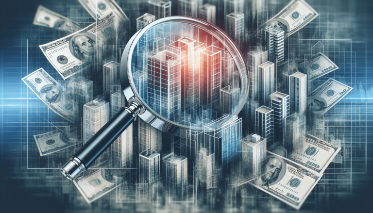 Illustration of a magnifying glass over skyscrapers and scattered US dollar bills, symbolizing financial analysis or investment in urban real estate.