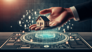 A hand holds a small house model above a digital interface with financial and network icons, symbolizing real estate and technology integration.