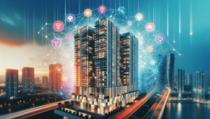 Futuristic cityscape with a digital network overlay surrounding a high-rise building, featuring interconnected icons representing smart technology and connectivity.