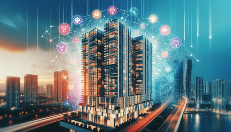 Futuristic cityscape with a digital network overlay surrounding a high-rise building, featuring interconnected icons representing smart technology and connectivity.