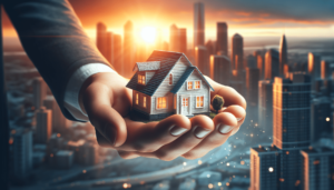 A hand holds a small house model against a backdrop of a city skyline at sunset.