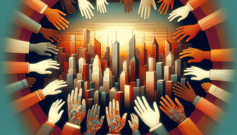 Illustration of diverse hands surrounding a cityscape at sunset, symbolizing unity and cooperation.