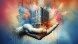 A hand holds a cube-shaped building, surrounded by colorful, abstract clouds in a dynamic, artistic style.