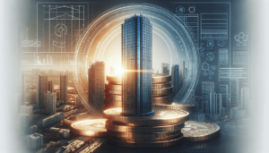 A skyscraper stands on stacked coins amidst a cityscape, surrounded by futuristic digital graphs and interfaces, with sunlight shining through.