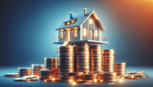 A small house model is perched atop several stacks of coins, glowing warmly under mixed lighting, symbolizing real estate investment or rising property values.