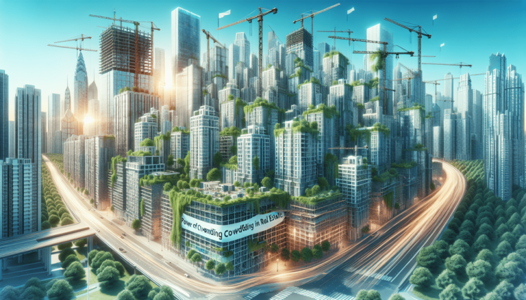 Futuristic city skyline with numerous skyscrapers under construction, covered in greenery. Cranes are visible, and highways surround the scene.