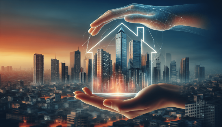 Hands holding a glowing house shape with a city skyline in the background, symbolizing urban real estate and protection.