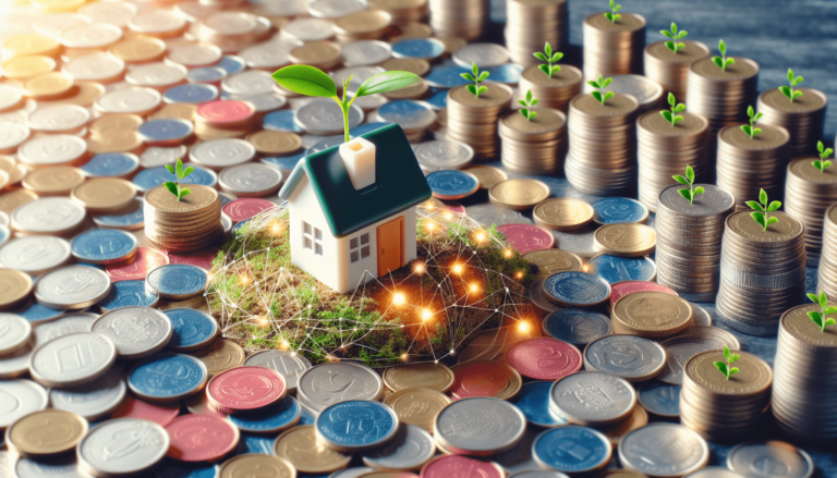 A small house model with a plant on a grassy patch is surrounded by stacks of coins, each with a sprouting plant, symbolizing growth or investment in real estate.