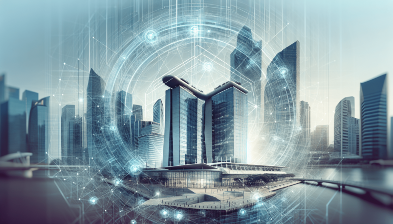 Futuristic cityscape with modern skyscrapers, overlaid with digital graphics and network lines, suggesting technology and connectivity themes.