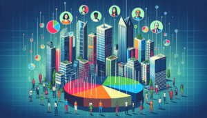 Illustration of a cityscape with skyscrapers, charts, and diverse people. A large central pie chart connects individuals and buildings, symbolizing data and community interaction.