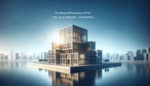 Modern glass building on an island with a city skyline in the background. Text reads: "The democratization of the non-accredited investments.