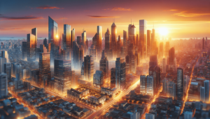 Sunset view of a futuristic city skyline with tall skyscrapers and illuminated streets, creating a vibrant urban scene.