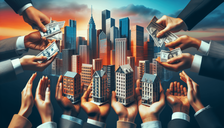 Hands exchanging money and miniature buildings in front of a city skyline at sunset, symbolizing real estate investment.