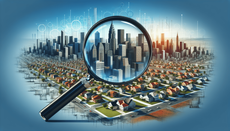 Magnifying glass focuses on a city skyline surrounded by suburban houses. Blueprint-style lines and digital elements overlay the scene.