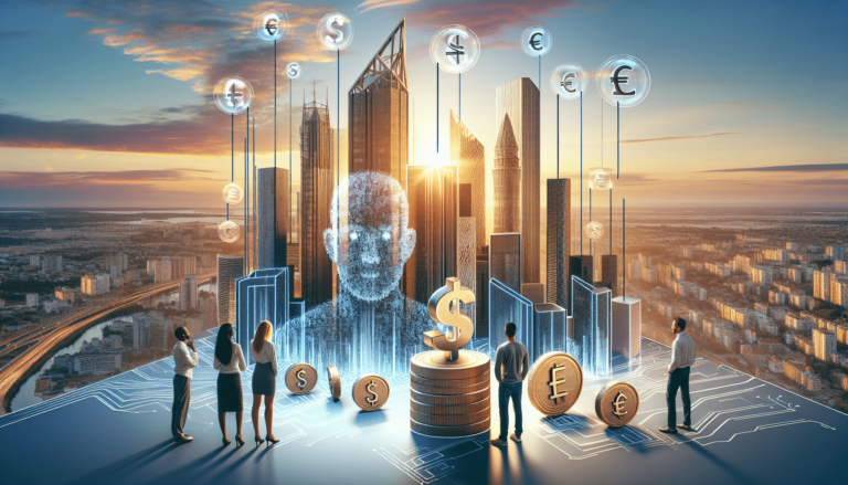 A group of people stand around a futuristic cityscape with digital currency symbols floating above, suggesting technology and finance integration.