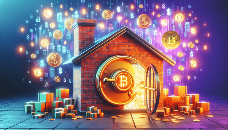 Brick house with a Bitcoin vault door, surrounded by floating cryptocurrency symbols and coins, illuminated by digital graphics.